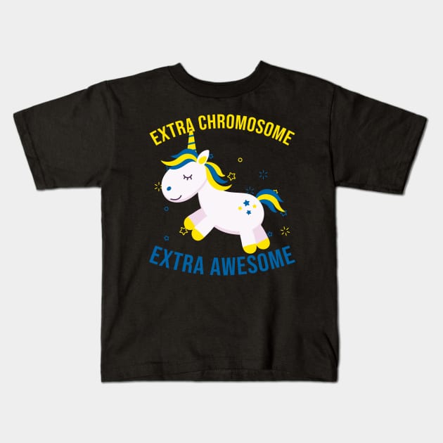 Extra Chromosome Awesome Unicorn World Down Syndrome Day Trisomy 21 Awareness Kids T-Shirt by nadinecarolin71415